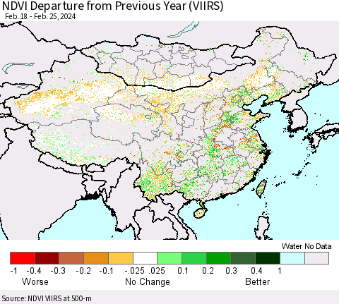 China, Mongolia and Taiwan NDVI Departure from Previous Year (VIIRS) Thematic Map For 2/18/2024 - 2/25/2024