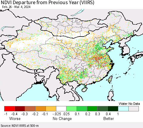 China, Mongolia and Taiwan NDVI Departure from Previous Year (VIIRS) Thematic Map For 2/26/2024 - 3/4/2024