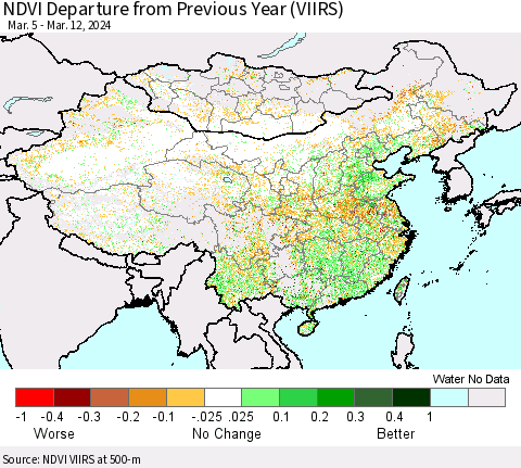 China, Mongolia and Taiwan NDVI Departure from Previous Year (VIIRS) Thematic Map For 3/5/2024 - 3/12/2024
