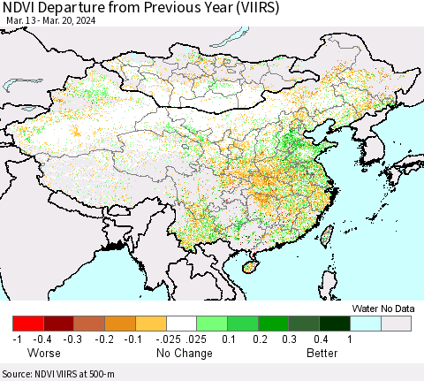 China, Mongolia and Taiwan NDVI Departure from Previous Year (VIIRS) Thematic Map For 3/13/2024 - 3/20/2024