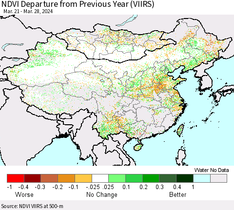 China, Mongolia and Taiwan NDVI Departure from Previous Year (VIIRS) Thematic Map For 3/21/2024 - 3/28/2024