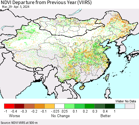 China, Mongolia and Taiwan NDVI Departure from Previous Year (VIIRS) Thematic Map For 3/29/2024 - 4/5/2024