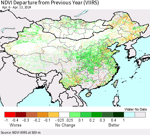 China, Mongolia and Taiwan NDVI Departure from Previous Year (VIIRS) Thematic Map For 4/6/2024 - 4/13/2024