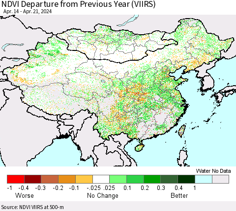 China, Mongolia and Taiwan NDVI Departure from Previous Year (VIIRS) Thematic Map For 4/14/2024 - 4/21/2024