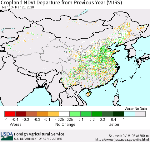 China and Taiwan Cropland NDVI Departure from Previous Year (VIIRS) Thematic Map For 3/11/2020 - 3/20/2020