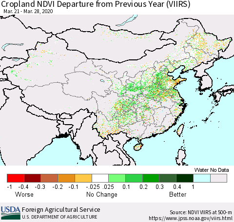 China and Taiwan Cropland NDVI Departure from Previous Year (VIIRS) Thematic Map For 3/21/2020 - 3/31/2020