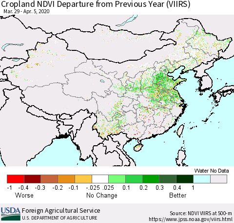 China and Taiwan Cropland NDVI Departure from Previous Year (VIIRS) Thematic Map For 4/1/2020 - 4/10/2020