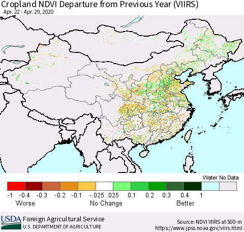 China and Taiwan Cropland NDVI Departure from Previous Year (VIIRS) Thematic Map For 4/21/2020 - 4/30/2020