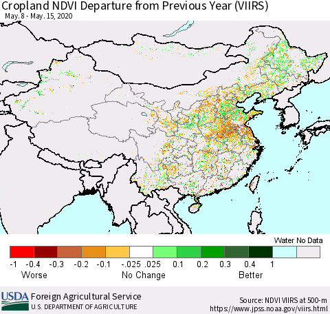 China and Taiwan Cropland NDVI Departure from Previous Year (VIIRS) Thematic Map For 5/11/2020 - 5/20/2020