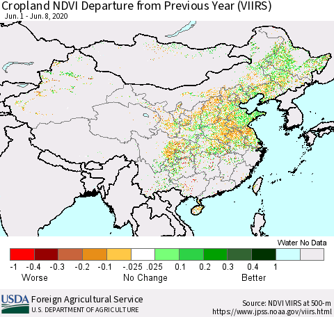 China and Taiwan Cropland NDVI Departure from Previous Year (VIIRS) Thematic Map For 6/1/2020 - 6/10/2020