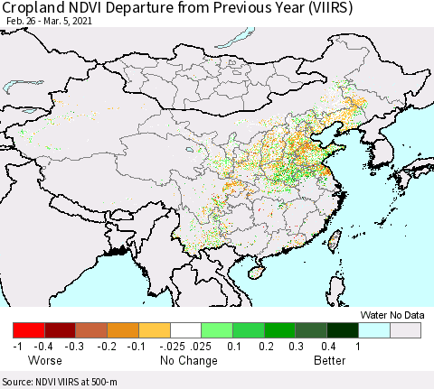 China, Mongolia and Taiwan Cropland NDVI Departure from Previous Year (VIIRS) Thematic Map For 2/26/2021 - 3/5/2021