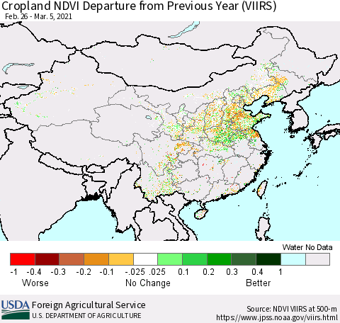 China and Taiwan Cropland NDVI Departure from Previous Year (VIIRS) Thematic Map For 3/1/2021 - 3/10/2021