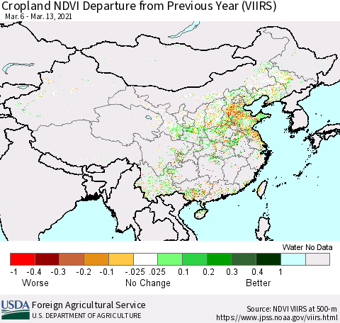 China and Taiwan Cropland NDVI Departure from Previous Year (VIIRS) Thematic Map For 3/11/2021 - 3/20/2021