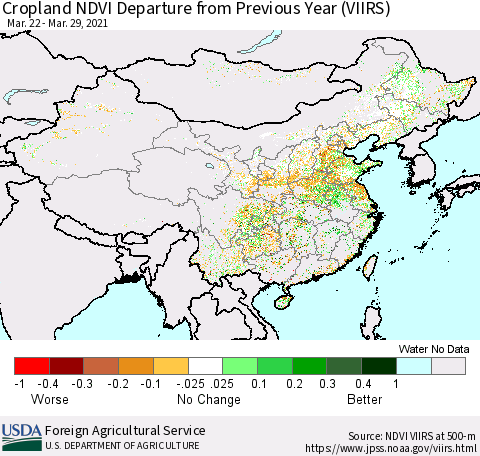 China and Taiwan Cropland NDVI Departure from Previous Year (VIIRS) Thematic Map For 3/21/2021 - 3/31/2021