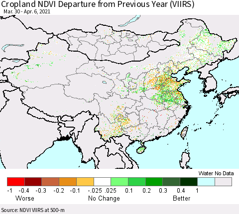 China, Mongolia and Taiwan Cropland NDVI Departure from Previous Year (VIIRS) Thematic Map For 3/30/2021 - 4/6/2021