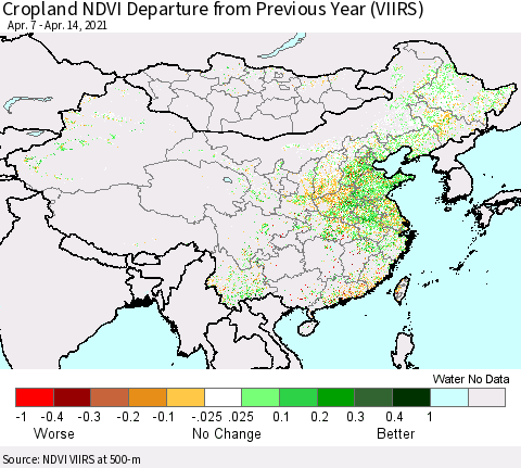 China, Mongolia and Taiwan Cropland NDVI Departure from Previous Year (VIIRS) Thematic Map For 4/7/2021 - 4/14/2021
