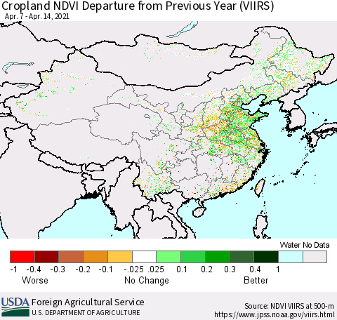 China and Taiwan Cropland NDVI Departure from Previous Year (VIIRS) Thematic Map For 4/11/2021 - 4/20/2021