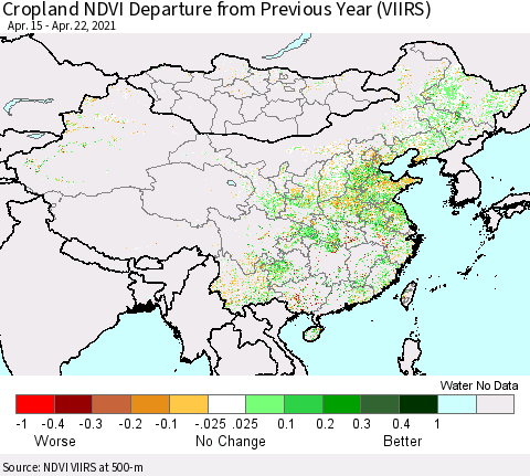 China, Mongolia and Taiwan Cropland NDVI Departure from Previous Year (VIIRS) Thematic Map For 4/15/2021 - 4/22/2021