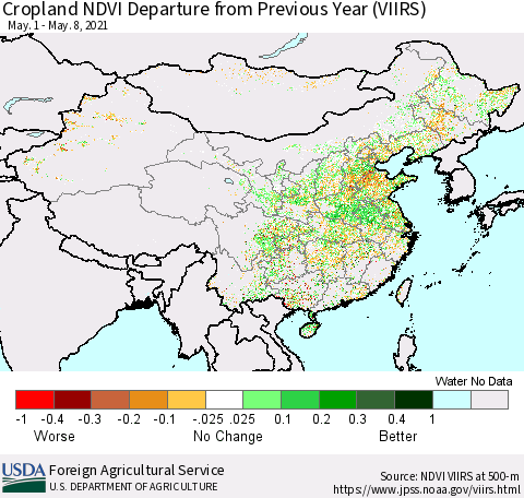 China and Taiwan Cropland NDVI Departure from Previous Year (VIIRS) Thematic Map For 5/1/2021 - 5/10/2021