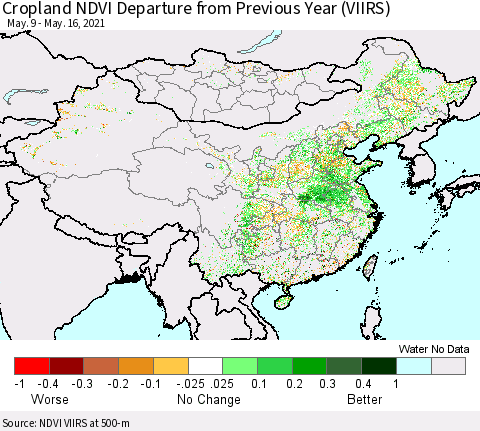 China, Mongolia and Taiwan Cropland NDVI Departure from Previous Year (VIIRS) Thematic Map For 5/9/2021 - 5/16/2021