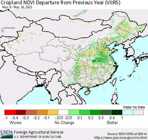 China and Taiwan Cropland NDVI Departure from Previous Year (VIIRS) Thematic Map For 5/11/2021 - 5/20/2021