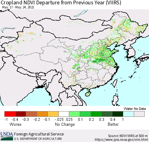 China and Taiwan Cropland NDVI Departure from Previous Year (VIIRS) Thematic Map For 5/21/2021 - 5/31/2021
