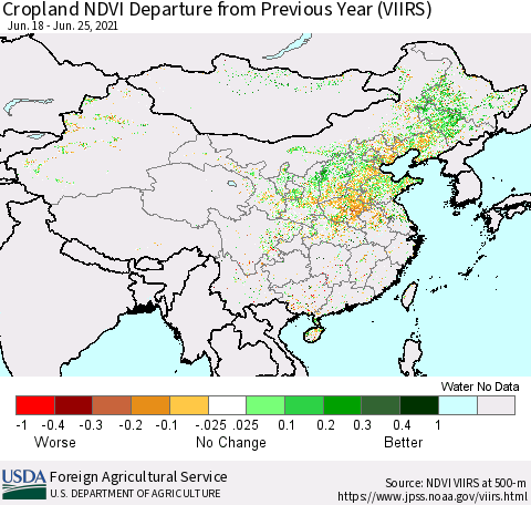 China and Taiwan Cropland NDVI Departure from Previous Year (VIIRS) Thematic Map For 6/21/2021 - 6/30/2021