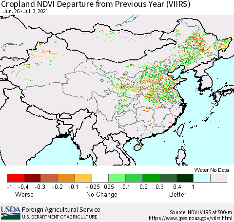 China and Taiwan Cropland NDVI Departure from Previous Year (VIIRS) Thematic Map For 7/1/2021 - 7/10/2021