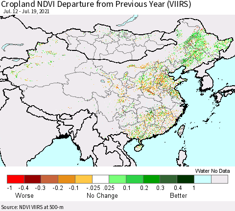 China, Mongolia and Taiwan Cropland NDVI Departure from Previous Year (VIIRS) Thematic Map For 7/12/2021 - 7/19/2021