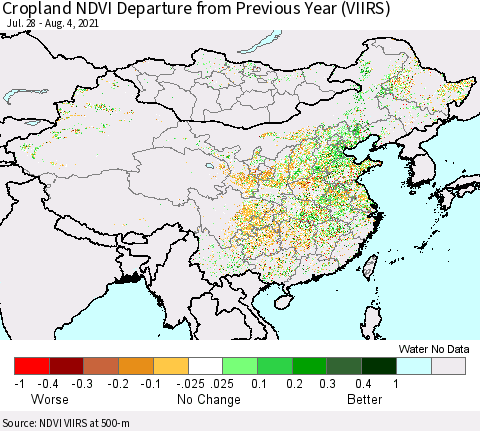 China, Mongolia and Taiwan Cropland NDVI Departure from Previous Year (VIIRS) Thematic Map For 7/28/2021 - 8/4/2021