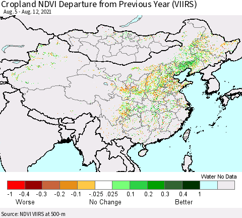 China, Mongolia and Taiwan Cropland NDVI Departure from Previous Year (VIIRS) Thematic Map For 8/5/2021 - 8/12/2021