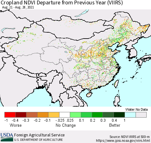 China and Taiwan Cropland NDVI Departure from Previous Year (VIIRS) Thematic Map For 8/21/2021 - 8/31/2021