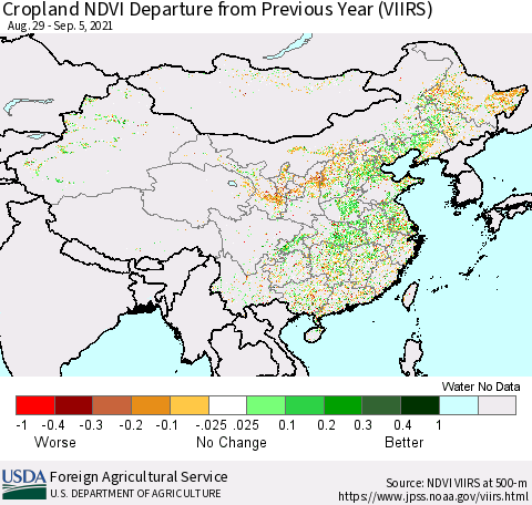 China and Taiwan Cropland NDVI Departure from Previous Year (VIIRS) Thematic Map For 9/1/2021 - 9/10/2021