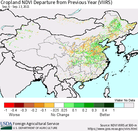 China and Taiwan Cropland NDVI Departure from Previous Year (VIIRS) Thematic Map For 9/11/2021 - 9/20/2021