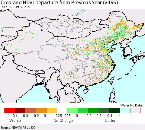 China, Mongolia and Taiwan Cropland NDVI Departure from Previous Year (VIIRS) Thematic Map For 9/30/2021 - 10/7/2021