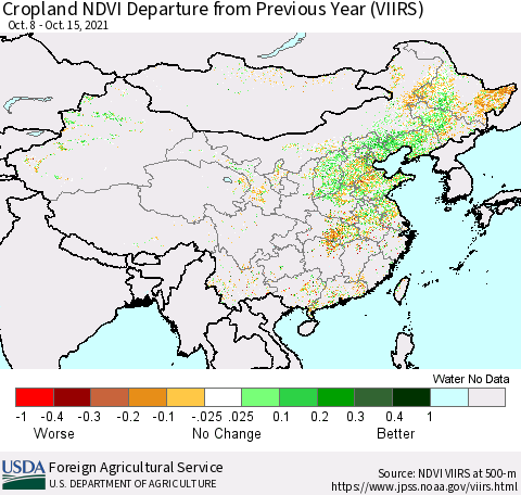 China and Taiwan Cropland NDVI Departure from Previous Year (VIIRS) Thematic Map For 10/11/2021 - 10/20/2021