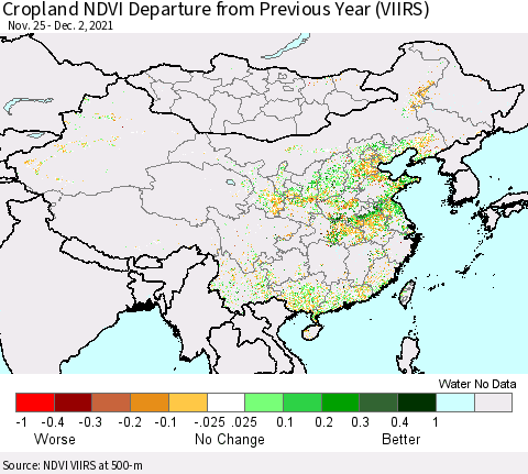 China, Mongolia and Taiwan Cropland NDVI Departure from Previous Year (VIIRS) Thematic Map For 11/25/2021 - 12/2/2021