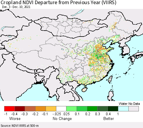 China, Mongolia and Taiwan Cropland NDVI Departure from Previous Year (VIIRS) Thematic Map For 12/3/2021 - 12/10/2021