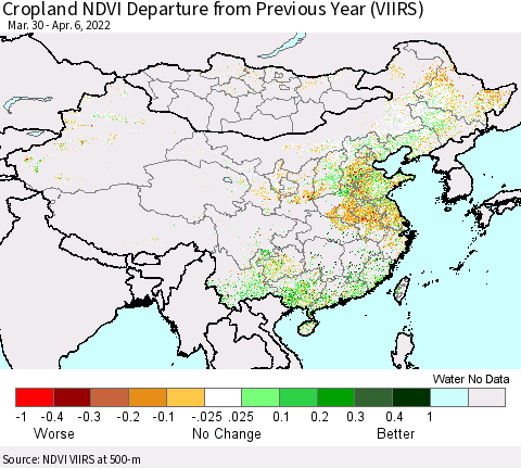 China, Mongolia and Taiwan Cropland NDVI Departure from Previous Year (VIIRS) Thematic Map For 3/30/2022 - 4/6/2022