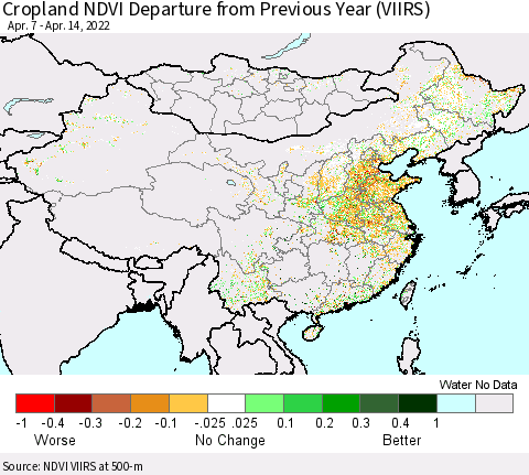 China, Mongolia and Taiwan Cropland NDVI Departure from Previous Year (VIIRS) Thematic Map For 4/7/2022 - 4/14/2022
