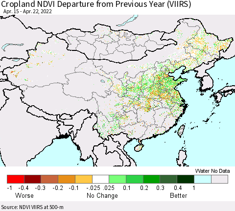 China, Mongolia and Taiwan Cropland NDVI Departure from Previous Year (VIIRS) Thematic Map For 4/15/2022 - 4/22/2022