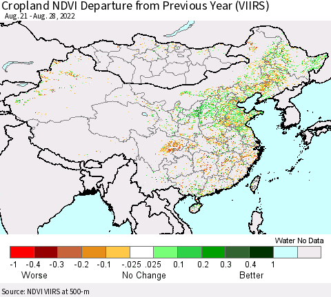 China, Mongolia and Taiwan Cropland NDVI Departure from Previous Year (VIIRS) Thematic Map For 8/21/2022 - 8/28/2022