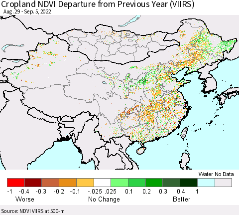 China, Mongolia and Taiwan Cropland NDVI Departure from Previous Year (VIIRS) Thematic Map For 8/29/2022 - 9/5/2022