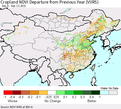 China, Mongolia and Taiwan Cropland NDVI Departure from Previous Year (VIIRS) Thematic Map For 9/6/2022 - 9/13/2022
