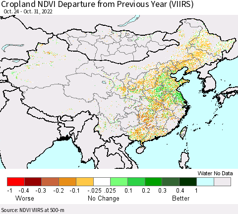 China, Mongolia and Taiwan Cropland NDVI Departure from Previous Year (VIIRS) Thematic Map For 10/24/2022 - 10/31/2022
