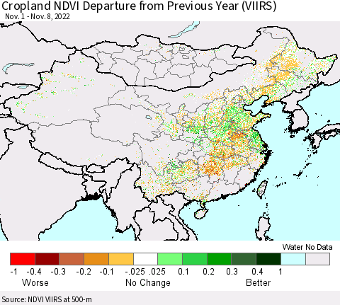 China, Mongolia and Taiwan Cropland NDVI Departure from Previous Year (VIIRS) Thematic Map For 11/1/2022 - 11/8/2022