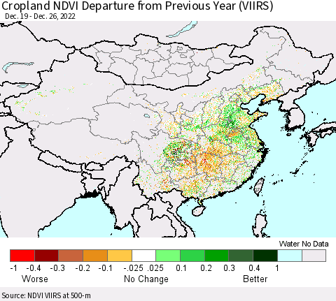 China, Mongolia and Taiwan Cropland NDVI Departure from Previous Year (VIIRS) Thematic Map For 12/19/2022 - 12/26/2022