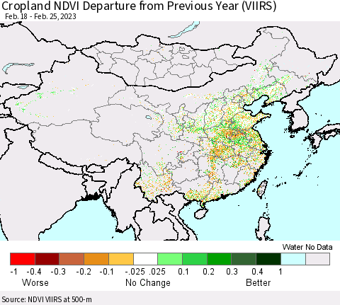 China, Mongolia and Taiwan Cropland NDVI Departure from Previous Year (VIIRS) Thematic Map For 2/18/2023 - 2/25/2023