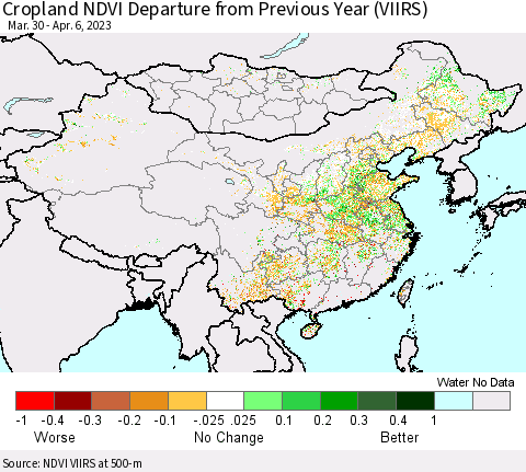 China, Mongolia and Taiwan Cropland NDVI Departure from Previous Year (VIIRS) Thematic Map For 3/30/2023 - 4/6/2023