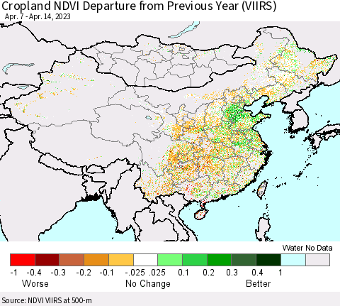 China, Mongolia and Taiwan Cropland NDVI Departure from Previous Year (VIIRS) Thematic Map For 4/7/2023 - 4/14/2023